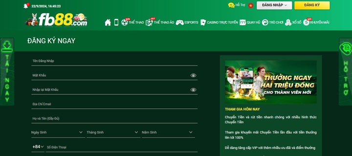 Đăng ký tài khoản tại nhà cái FB88